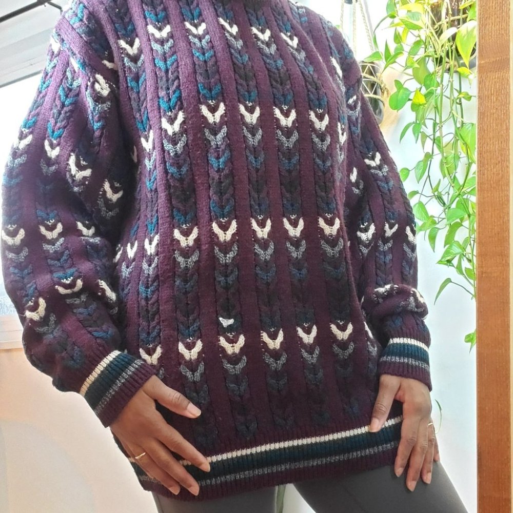 VINTAGE | Jantzen Crewneck Multicolour Cable Knit Pullover Sweater (Size L) - Picture 4 of 13